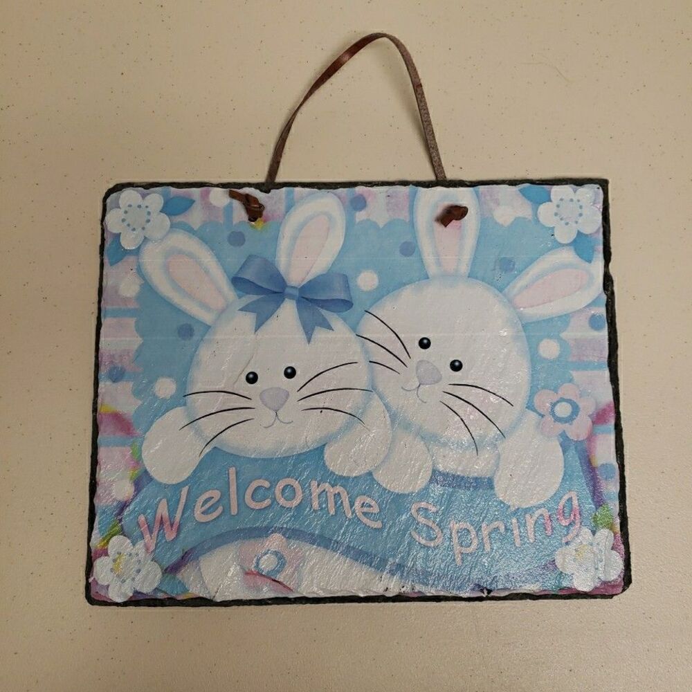 Welcome Spring Bunnies Hanging Wall Tile Slate Plaque 10x8 Garden Sign Decor